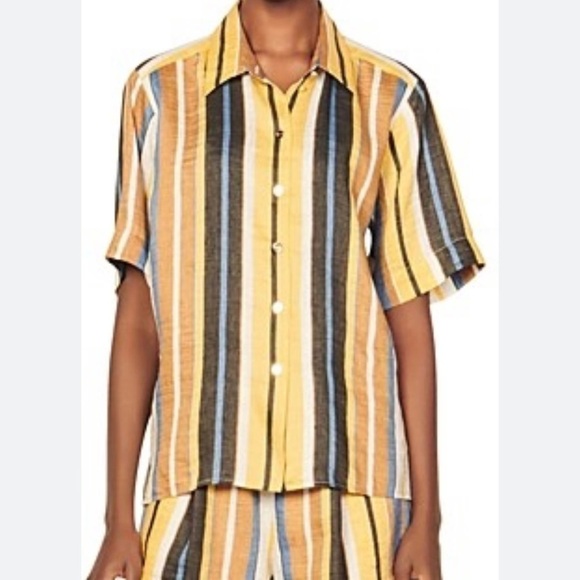 NWT~SANDRO Women Bronx Striped Linen Blend Button Short Sleeve Top Size 3(L) - Picture 3 of 15
